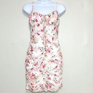 Active USA Womens Floral Ruched Bodycon Mini Dress Pink White Small Romantic